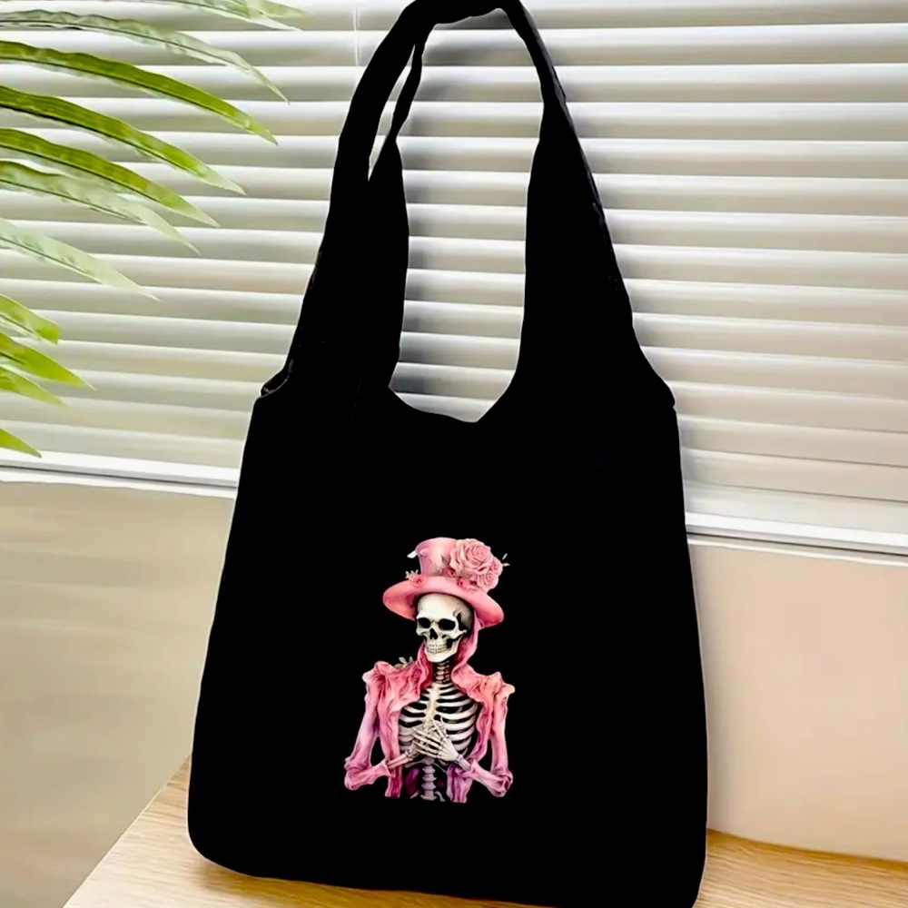 New - Chic - Large Capacity Black Tote with Skull and Floral Designs